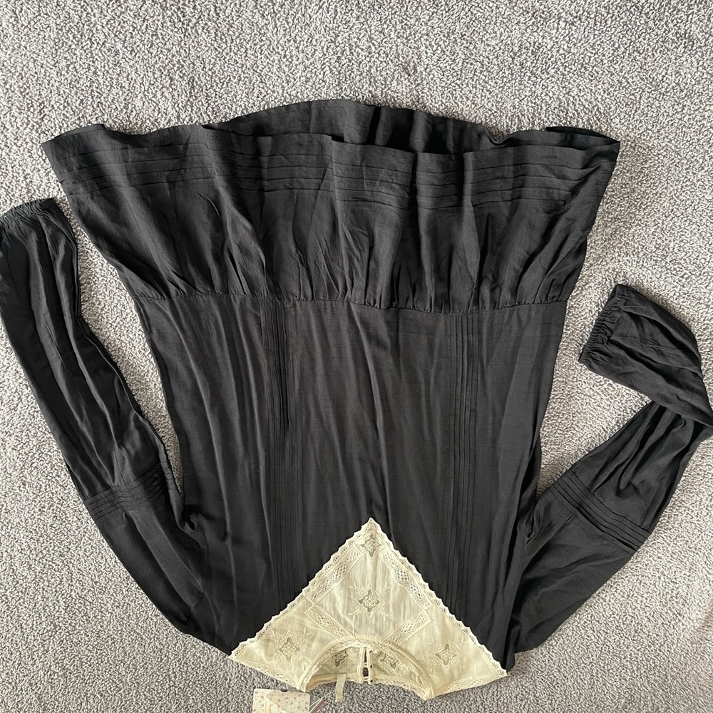 Free People NWT Black Long Sleeve Top with Cream Detail